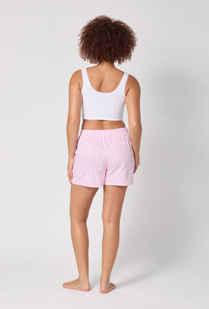 A lady wearing Pink 3D Stripe Cotton Sateen Boxer Short