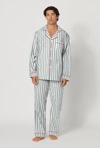 A man wearing Peppermint Stripe Men's Long Sleeve Classic Woven Portuguese Flannel Pj Set looking front