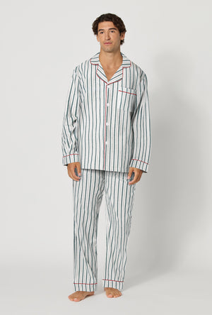 A man wearing Peppermint Stripe Men's Long Sleeve Classic Woven Portuguese Flannel Pj Set looking front