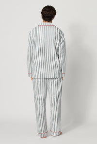 A man wearing Peppermint Stripe Men's Long Sleeve Classic Woven Portuguese Flannel Pj Set back view