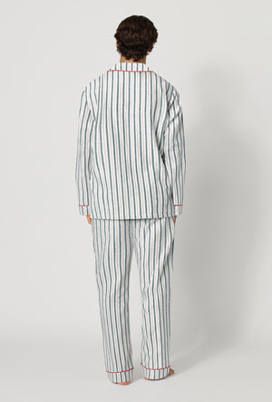 A man wearing Peppermint Stripe Men's Long Sleeve Classic Woven Portuguese Flannel Pj Set back view
