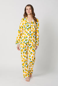 A lady wearing White and Yellow Long Sleeve Classic Stretch Jersey Pj Set front view
