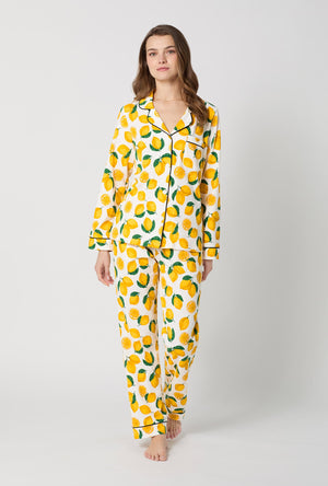 A lady wearing White and Yellow Long Sleeve Classic Stretch Jersey Pj Set front view