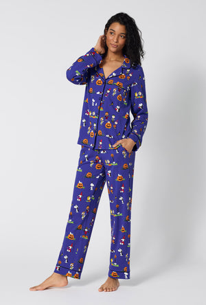 A Lady Wearing Spooky Season Snoopy Long Sleeve Classic Stretch Jersey Pj Set in a side angled pose
