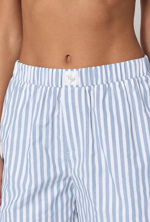 A lady wearing Blue 3D Stripe Cotton Sateen Boxer Short
