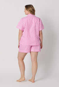A lady wearing plus size Pink Short Sleeve Classic Shorty Woven Cotton Sateen Pj Set back view