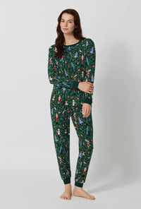 A lady wearing Rifle Paper Co. x BedHead PJs Nutcracker Long Sleeve Pullover Crew And Jogger Stretch Jersey Pj Set looking front