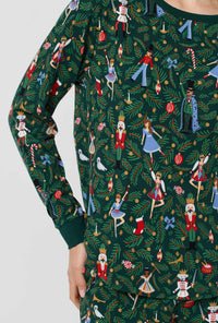 A lady wearing Rifle Paper Co. x BedHead PJs Nutcracker Long Sleeve Pullover Crew And Jogger Stretch Jersey Pj Set closer look at side