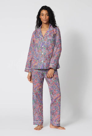 A Lady Wearing Dana Sharmin Long Sleeve Classic Woven Tana Lawn® Pj Set Made With Liberty Fabrics