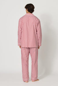 A man wearing Red Signature Stripe Men's Long Sleeve Classic Woven Cotton Sateen Pj Set back view