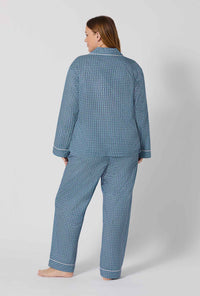 A lady wearing plus size Sebastian Long Sleeve Classic Woven Tana Lawn® Pj Set Made With Liberty Fabrics back view
