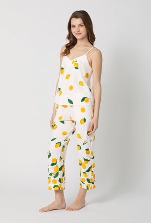 A lady wearing White and Yellow Cami Stretch Jersey Cropped Pj Set side view