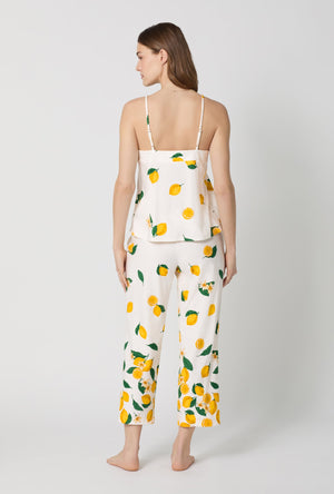 A lady wearing White and Yellow Cami Stretch Jersey Cropped Pj Set back view