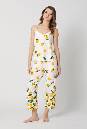 A lady wearing White and Yellow Cami Stretch Jersey Cropped Pj Set front view
