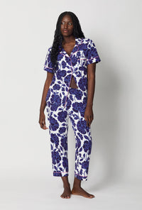 A lady wearing Blue and White Short Sleeve Classic Stretch Jersey Cropped Pj Set front view