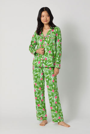 A Lady Wearing Monstera Bloom Long Sleeve Classic Stretch Jersey Pj Set