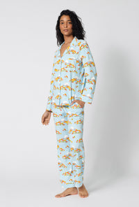 A lady wearing Twilight On The Hudson Long Sleeve Classic Stretch Jersey Pj Set