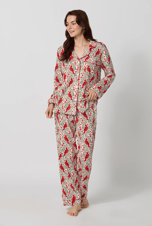 A lady wearing Rifle Paper Co. x BedHead PJs Cardinals Long Sleeve Classic Stretch Jersey Pj Set