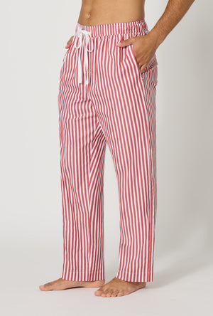 A man wearing Red Signature Stripe Men's Woven Cotton Sateen Pj Pant side view