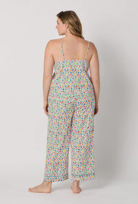 A lady wearing plus size Multi-Color and Pink Cami Woven Cotton Poplin Cropped Pj Set back view