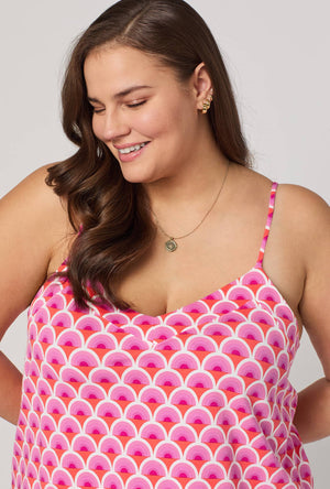 A lady wearing plus size BedHead x Trina Turk Scallop Cami Shorty Stretch Jersey Pj Set