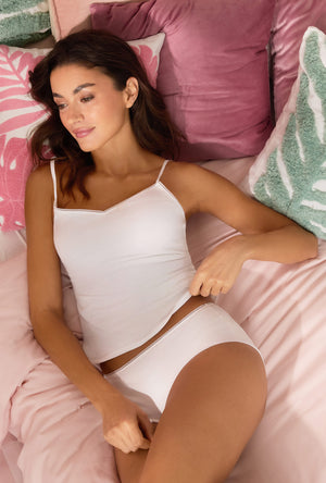 A lady wearing White Stretch Jersey Cami