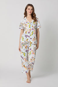 A lady wearing Blue Short Sleeve Classic Stretch Jersey Cropped Pj Set front view