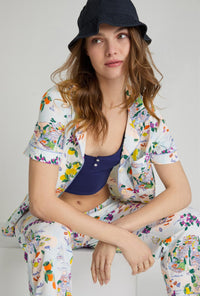A closeup of A lady wearing Blue Short Sleeve Classic Stretch Jersey Cropped Pj Set