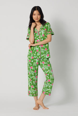 A Lady Wearing Monstera Bloom Short Sleeve Classic Stretch Jersey Cropped Pj Set