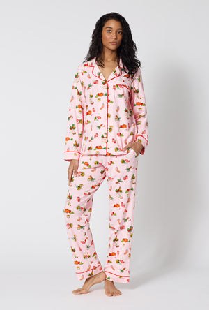 A lady wearing Farm Fresh Long Sleeve Classic Stretch Jersey Pj Set looking front
