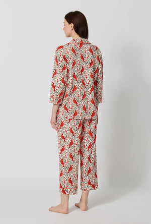A lady wearing Rifle Paper Co. x BedHead PJs Cardinals 3/4 Sleeve Classic Stretch Jersey Cropped Pj Set back view