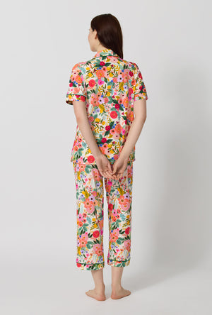 A lady wearing Rifle Paper Co. x BedHead PJs Garden Party Short Sleeve Classic Stretch Jersey Cropped Pj Set back view