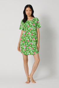 A Lady Wearing Monstera Bloom Stretch Jersey T-shirt Sleep Dress