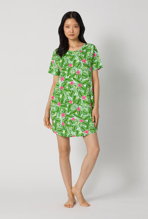 A Lady Wearing Monstera Bloom Stretch Jersey T-shirt Sleep Dress