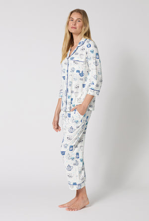 A lady wearing Lady Grey 3/4 Sleeve Classic Stretch Jersey Cropped Pj Set