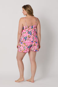 A lady wearing plus size Pink Cami Woven Cotton Poplin Shorty Pj Set back view