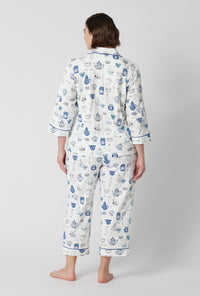 A lady wearing plus size Lady Grey 3/4 Sleeve Classic Stretch Jersey Cropped Pj Set back view