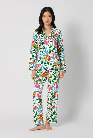 A Lady Wearing Jungle Serenade Long Sleeve Classic Stretch Jersey Pj Set