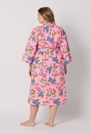 A lady wearing Pink Woven Cotton Poplin Kimono plus size Robe back view