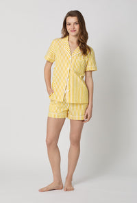 A lady wearing Yellow Short Sleeve Classic Shorty Woven Cotton Sateen Pj Set front view