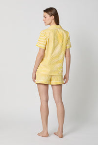 A lady wearing Yellow Short Sleeve Classic Shorty Woven Cotton Sateen Pj Set back view