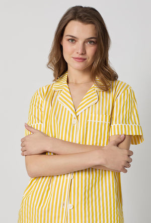 A closeup of A lady wearing Yellow Short Sleeve Classic Shorty Woven Cotton Sateen Pj Set