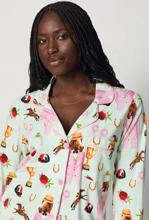 A closeup of A lady wearing Green Long Sleeve Classic Stretch Jersey Pj Set