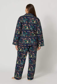 A lady wearing plus size Rifle Paper Co. x BedHead PJs Nativity Long Sleeve Classic Woven Cotton Poplin Pj Set back view