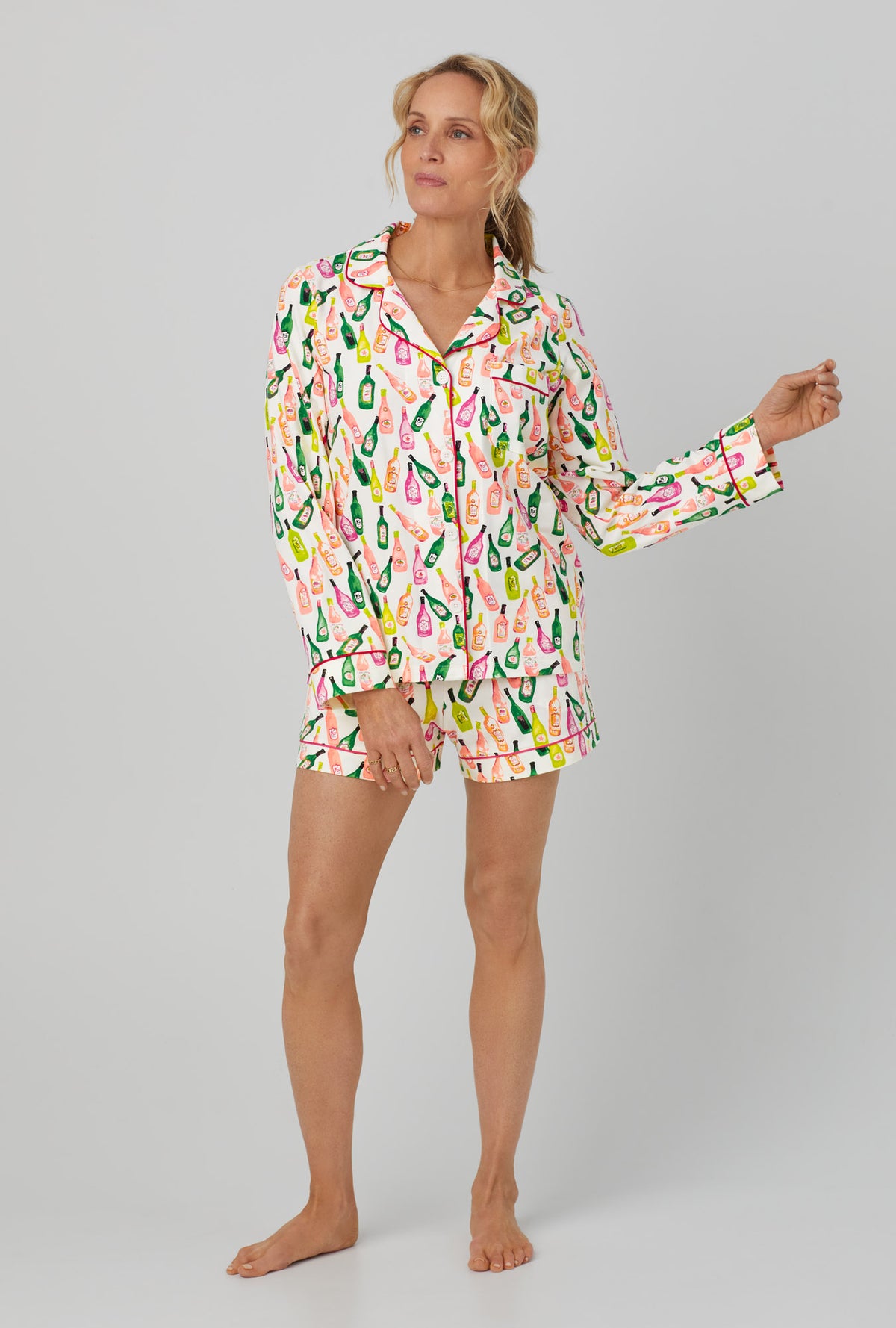 A lady wearing Long Sleeve Classic Stretch Jersey Short PJ Set with Wine List  print