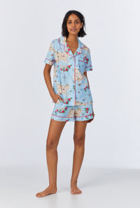 A lady wearing Ciao Capri Short Sleeve Classic Woven Cotton Poplin Shorty PJ Set