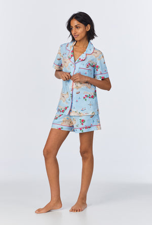 A lady wearing Ciao Capri Short Sleeve Classic Woven Cotton Poplin Shorty PJ Set