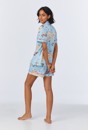A lady wearing Ciao Capri Short Sleeve Classic Woven Cotton Poplin Shorty PJ Set