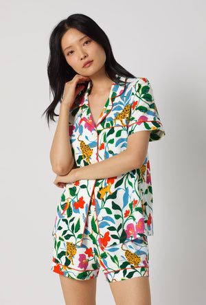 A Lady Wearing Jungle Serenade Short Sleeve Classic Shorty Stretch Jersey Pj Set facing front in a close up shot