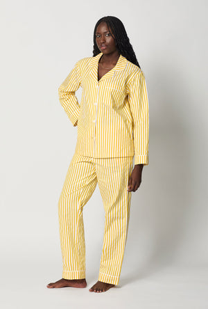 A lady wearing Yellow Long Sleeve Classic Woven Cotton Sateen Pj Set side view